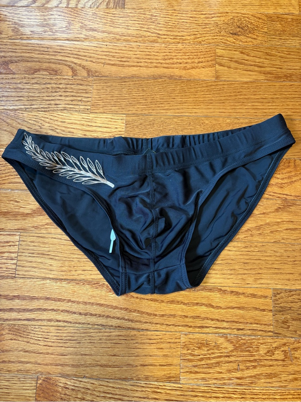 Men's Black Swim Briefs with Bronzed Leaf Accent